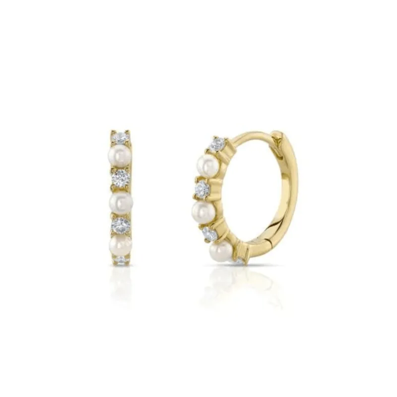 Alternating Diamond & Pearl Huggies made by LINDSEY LEIGH JEWELRY