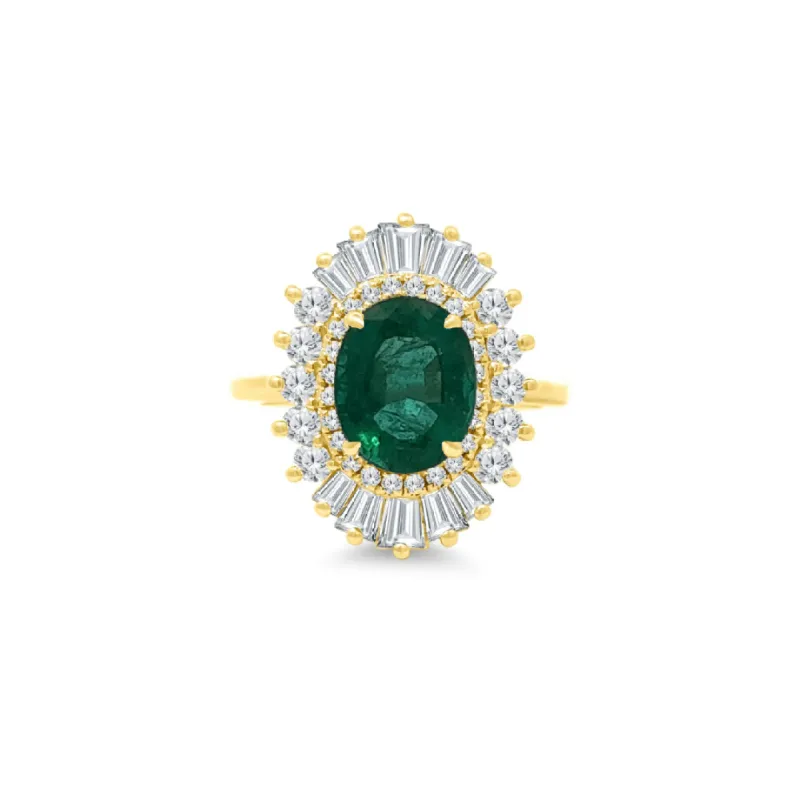 Oval Cut Emerald with Sunburst Halo sold by LINDSEY LEIGH JEWELRY