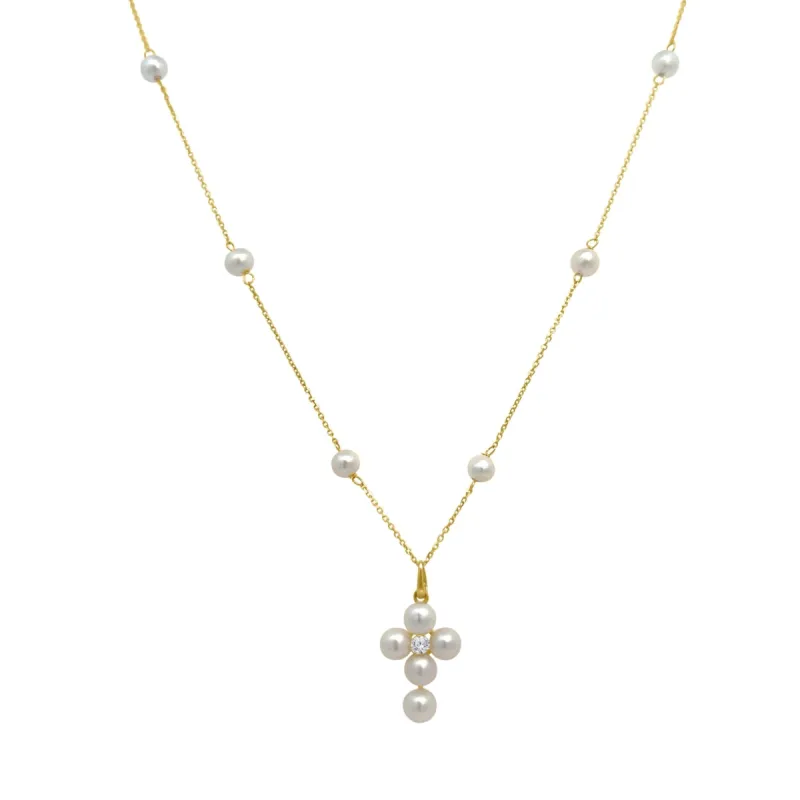 Pearl Station Cross Necklace sold by LINDSEY LEIGH JEWELRY