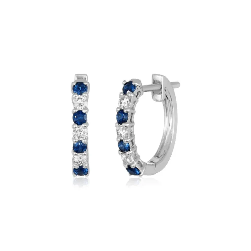 Blue Sapphire & Diamond Small Hoops sold by LINDSEY LEIGH JEWELRY