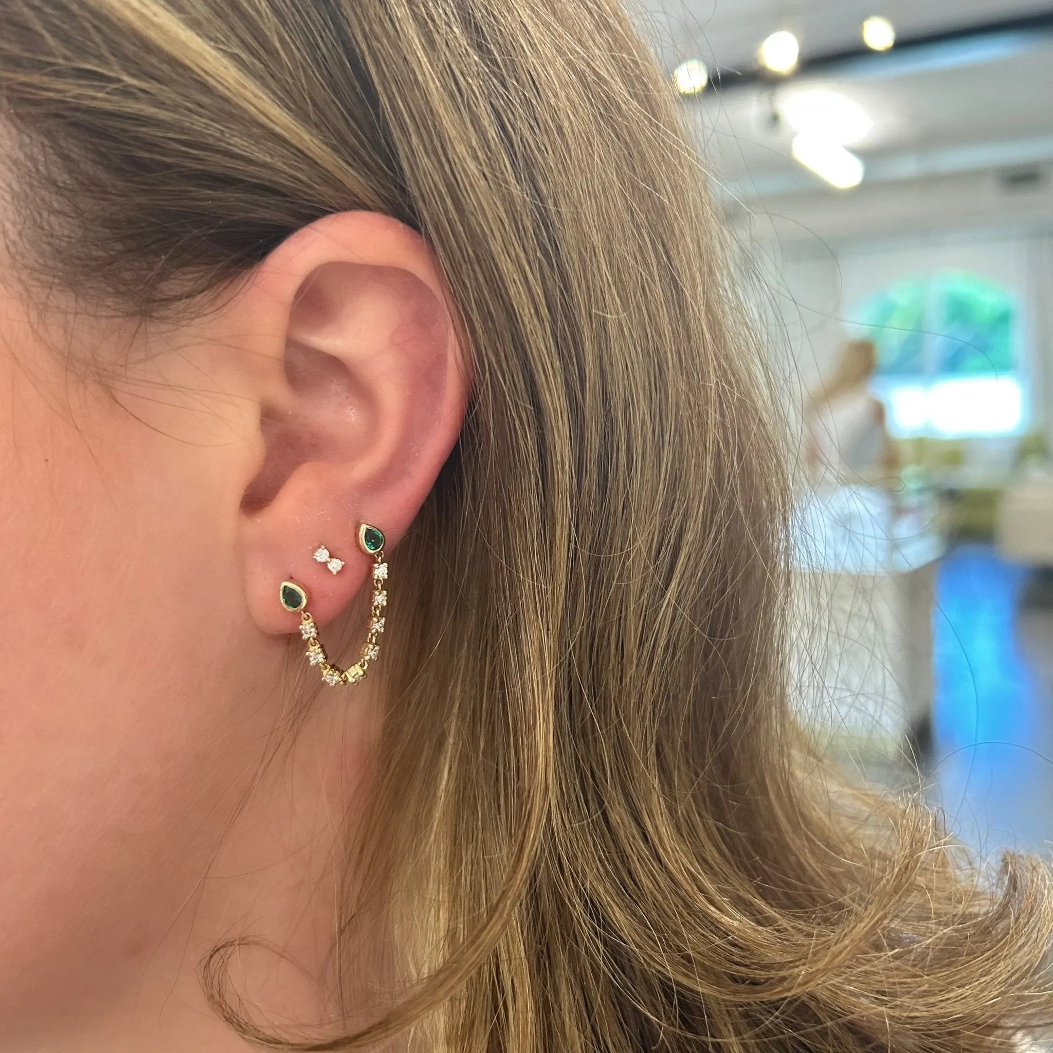 Emerald Pearl Bezel & Diamond Chain Stud sold by LINDSEY LEIGH JEWELRY product image thumbnail 3