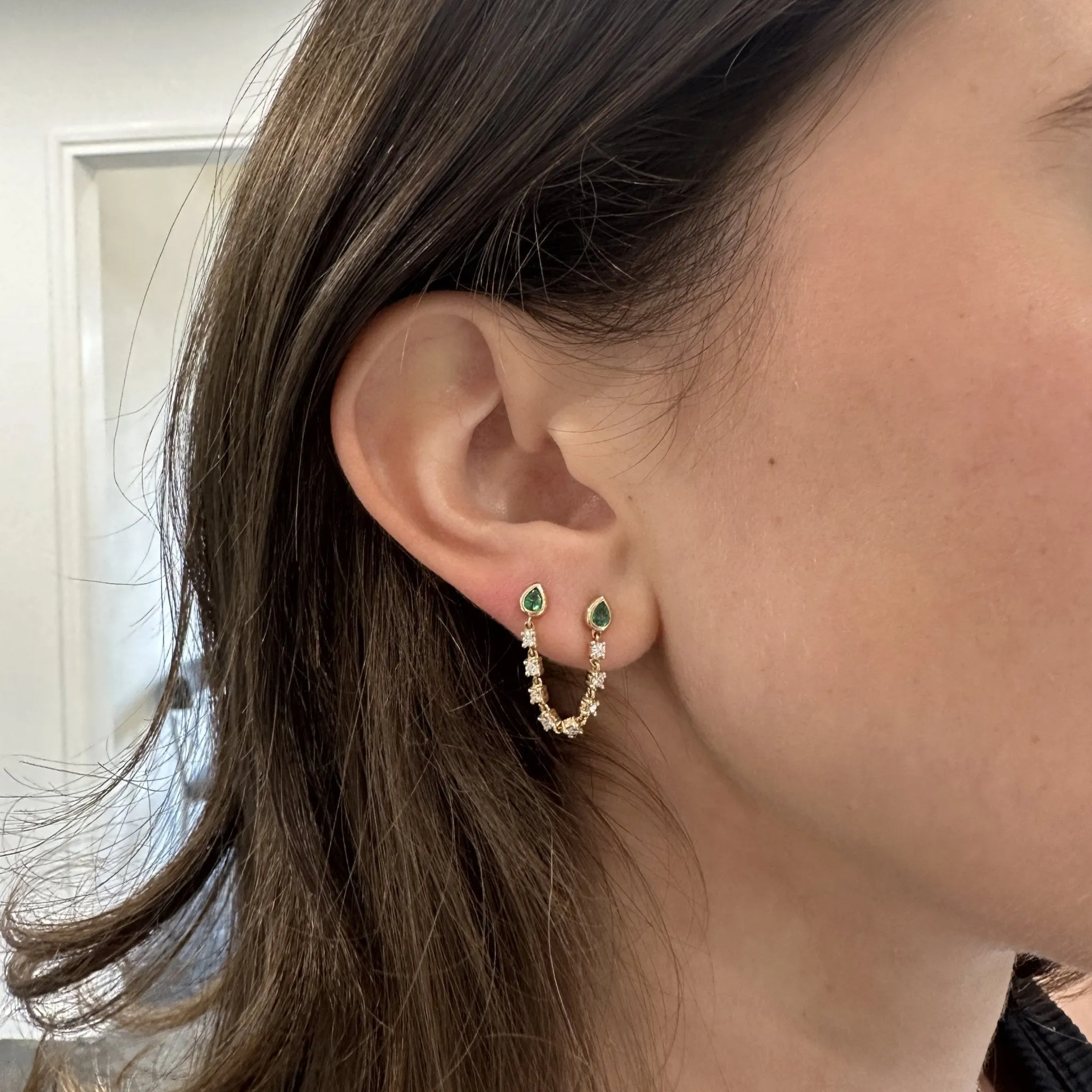 Emerald Pearl Bezel & Diamond Chain Stud sold by LINDSEY LEIGH JEWELRY product image thumbnail 4