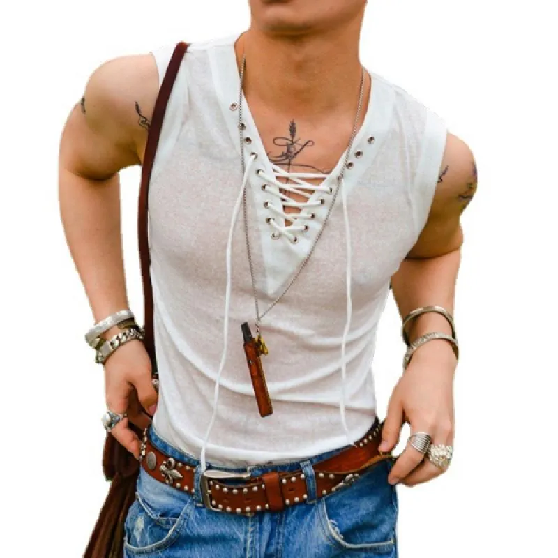 Men's Solid Slim Lace-up V Neck Sleeveless Tank Top 82973042Z sold by Manly