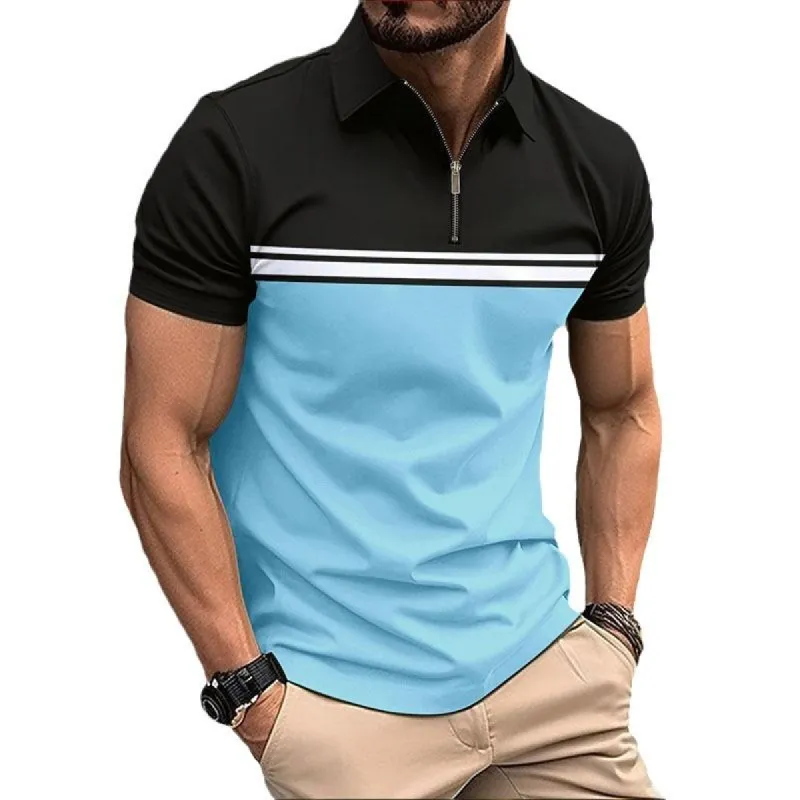 Men's Colorblock Zipper Lapel Short Sleeve Polo Shirt 28840496Z sold by Manly