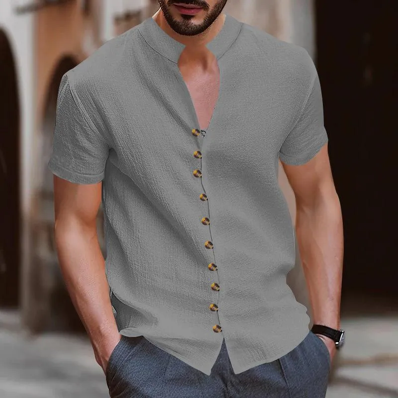 Men's Vintage Linen Button-Down Stand Collar Short Sleeve Shirt 56333657Y sold by Manly product image thumbnail 2