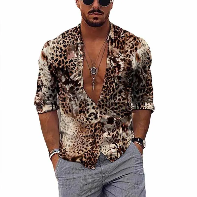 Men's Trendy Leopard Print Lapel Long Sleeve Loose Shirt 09951882X sold by Manly