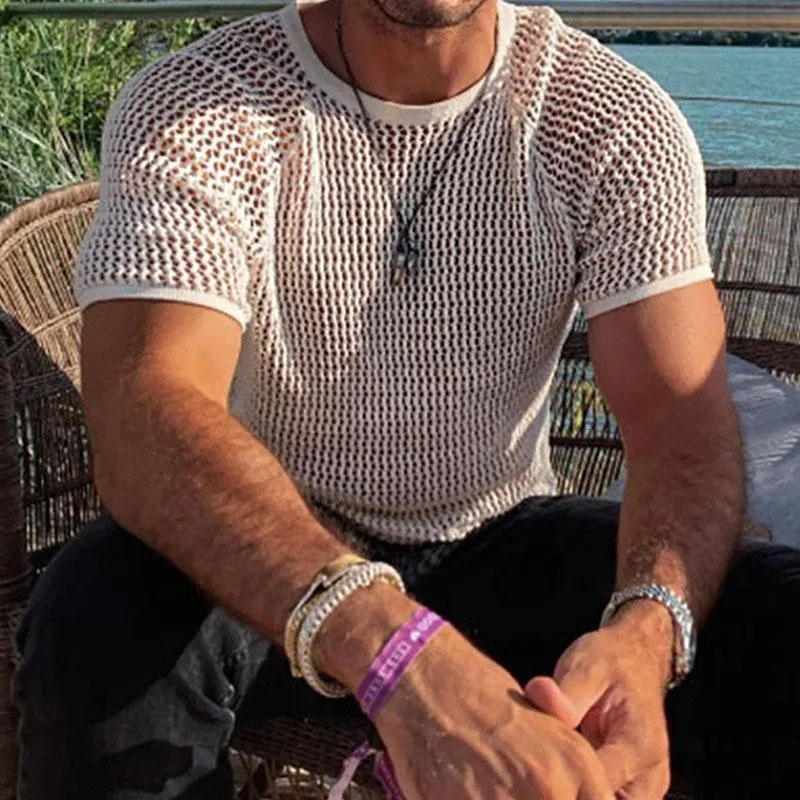 Men's Casual Round Neck Hollow Short Sleeved Knitted T-Shirt 18781068M sold by Manly product image thumbnail 3