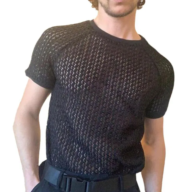 Men's Casual Round Neck Hollow Short Sleeved Knitted T-Shirt 18781068M sold by Manly