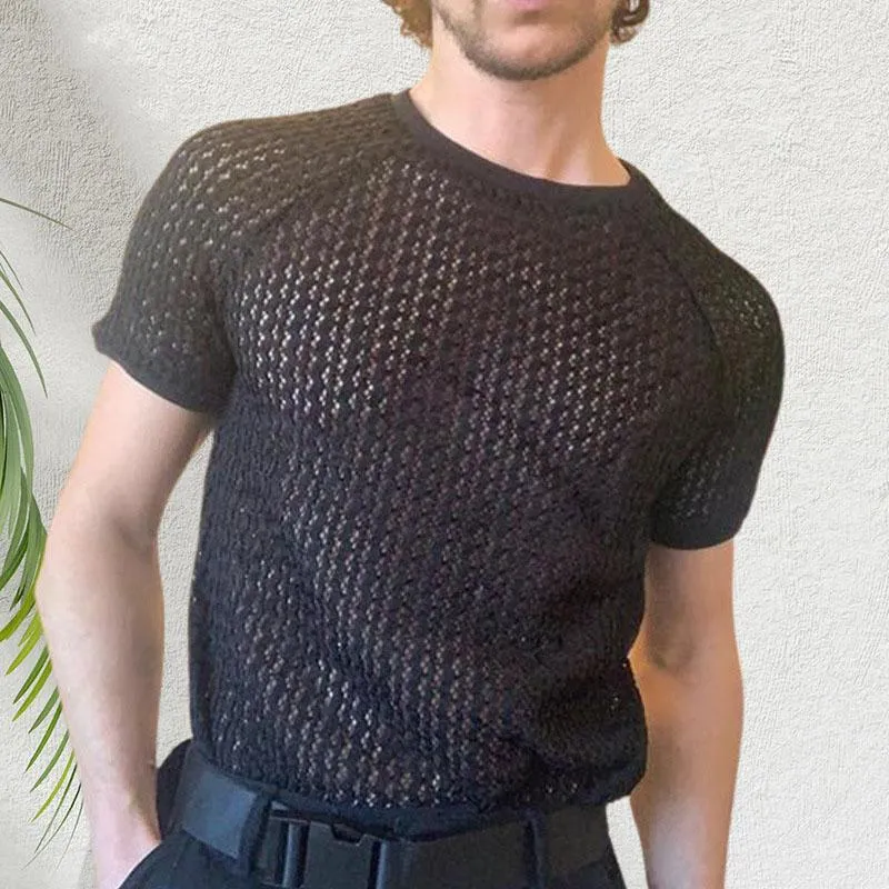 Men's Casual Round Neck Hollow Short Sleeved Knitted T-Shirt 18781068M sold by Manly product image thumbnail 5