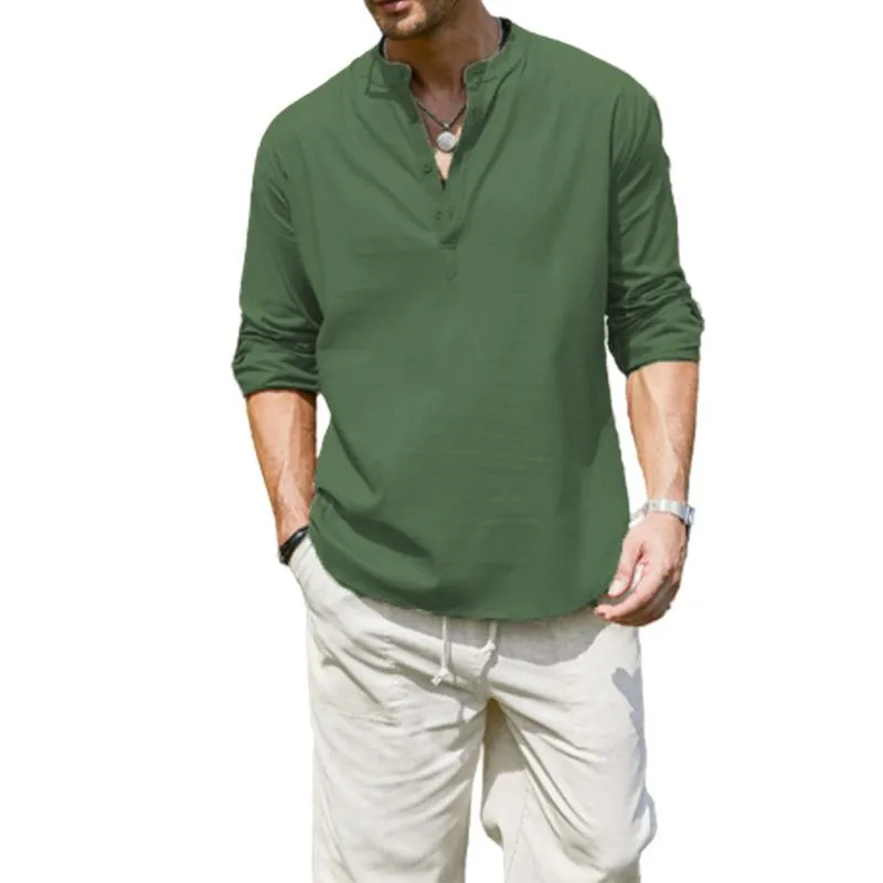 Men's Loose Solid Henley Collar Long Sleeve Shirt 92207305Z sold by Manly