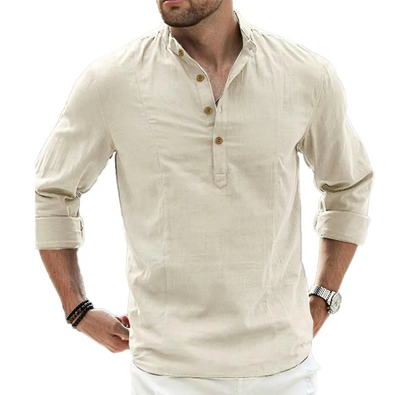 Men's Solid Color Simple Stand Collar Loose Casual Long Sleeve Shirt 01867878X sold by Manly