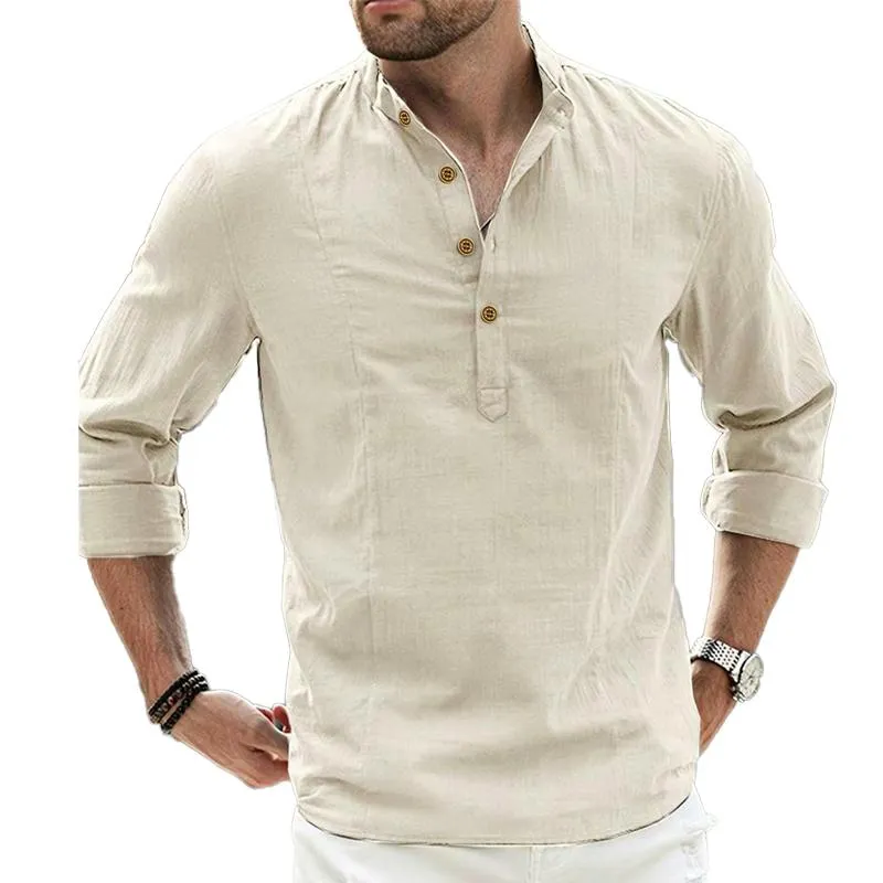 Men's Solid Color Simple Stand Collar Loose Casual Long Sleeve Shirt 01867878X sold by Manly