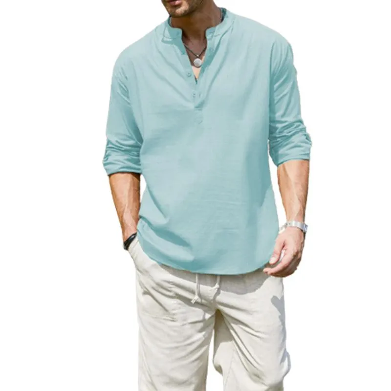 Men's Loose Solid Henley Collar Long Sleeve Shirt 92207305Z sold by Manly product image thumbnail 2