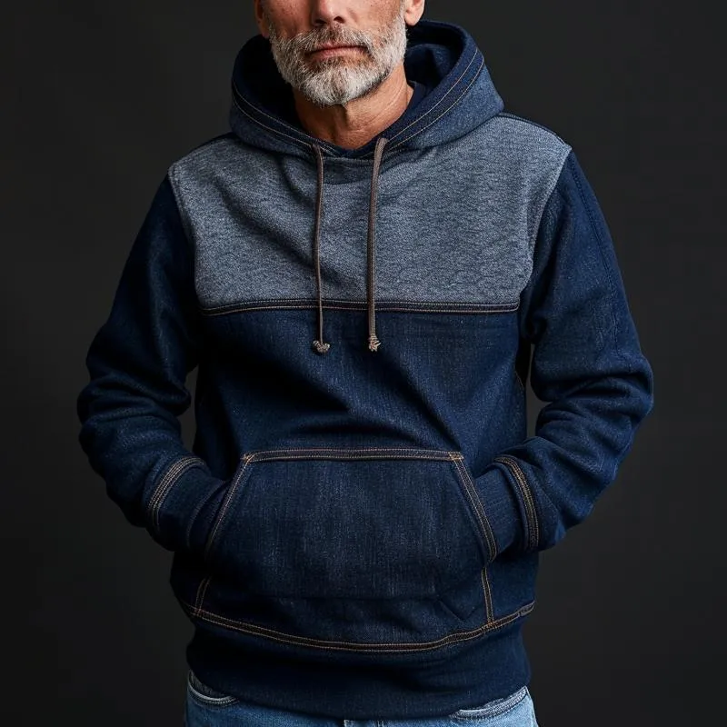 Men's Denim Color Block Material Stitching Kangaroo Pocket Hoodie 49472150Z sold by Manly product image thumbnail 2