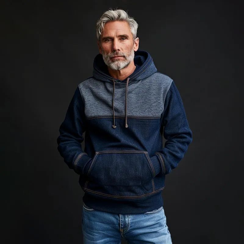 Men's Denim Color Block Material Stitching Kangaroo Pocket Hoodie 49472150Z sold by Manly product image thumbnail 3