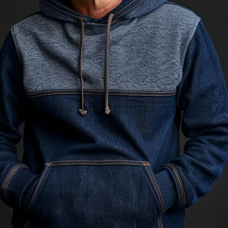 Men's Denim Color Block Material Stitching Kangaroo Pocket Hoodie 49472150Z sold by Manly product image thumbnail 4