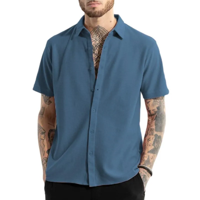 Men's Solid Lapel Short Sleeve Casual Shirt 86345276Z sold by Manly