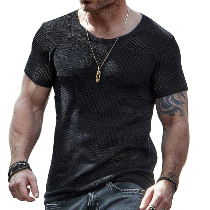 Men's Solid Hollow Out Round Neck Short Sleeve Casual T-shirt 97998067Z sold by Manly