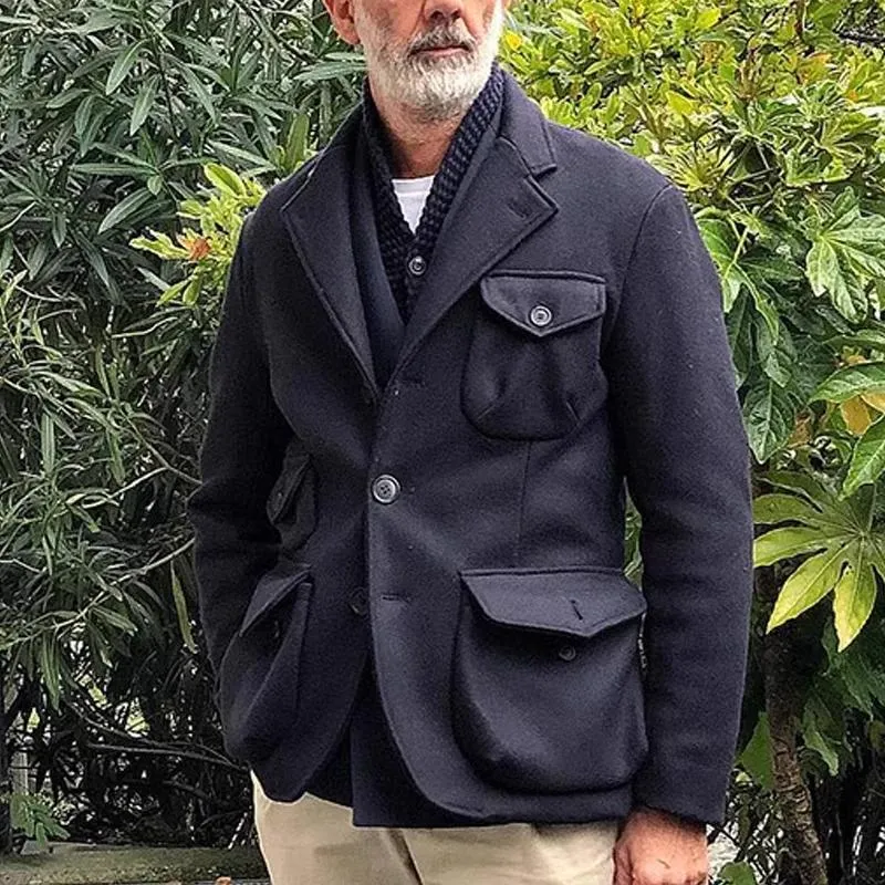 Men'S Vintage Solid Color Woolen Lapel Multi-Pocket Jacket 43173780Y sold by Manly product image thumbnail 2