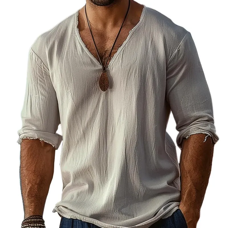 Men's Casual Cotton V-neck Washed Raw Edge Loose Long-sleeved T-shirt 88493770M sold by Manly