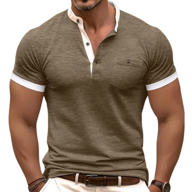 Men's Colorblock Henley Neck Chest Pocket Short Sleeve T-Shirt 89472341Y sold by Manly