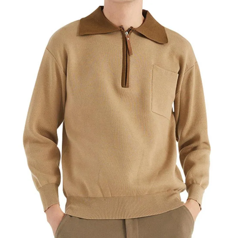 Men's Casual Colorblock Lapel Zipper Knitted Pullover Polo Sweater 69251354M sold by Manly