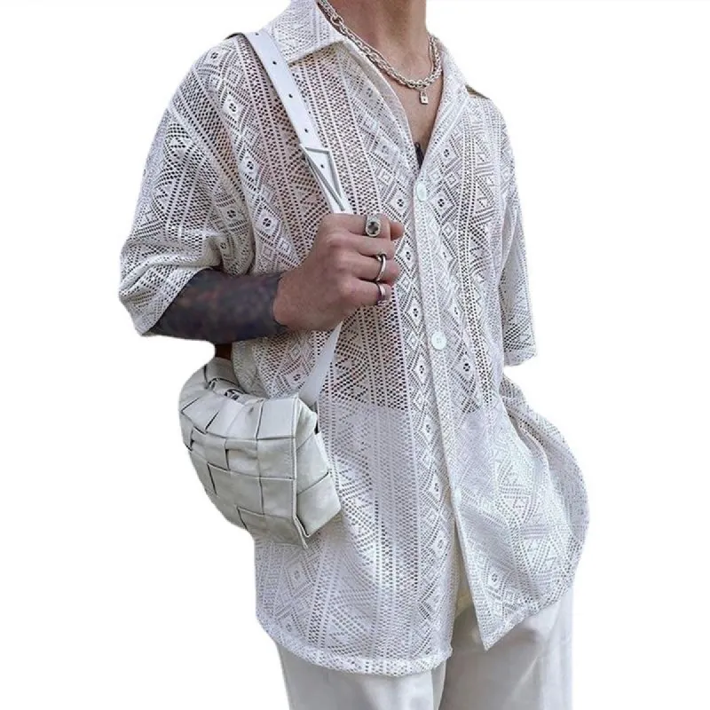 Men's Casual Hollow Lace Lapel Short-Sleeved Shirt 66454350M sold by Manly