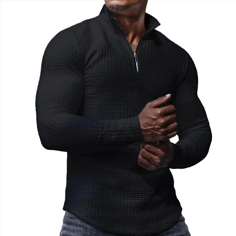 Men's Casual Waffle Solid Zipper Lapel Long Sleeve T-Shirt 26680149Y sold by Manly product image thumbnail 4