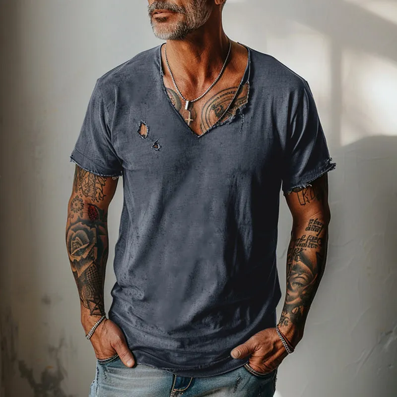 Men's Distressed Ripped Raw Edge V-Neck Short-Sleeved T-Shirt 83736876Y sold by Manly product image thumbnail 5