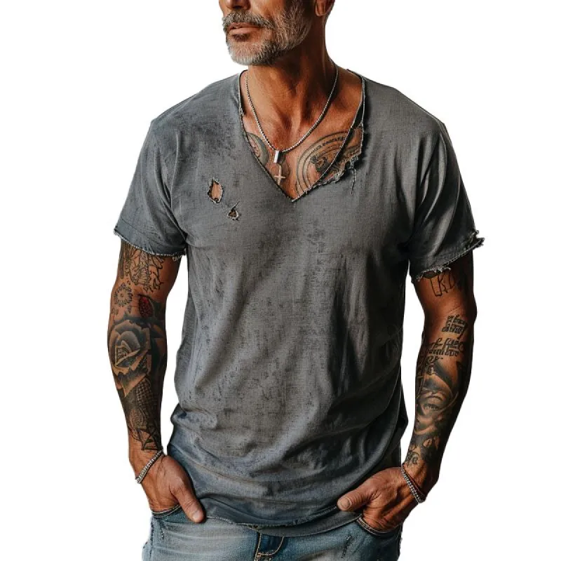 Men's Distressed Ripped Raw Edge V-Neck Short-Sleeved T-Shirt 83736876Y sold by Manly