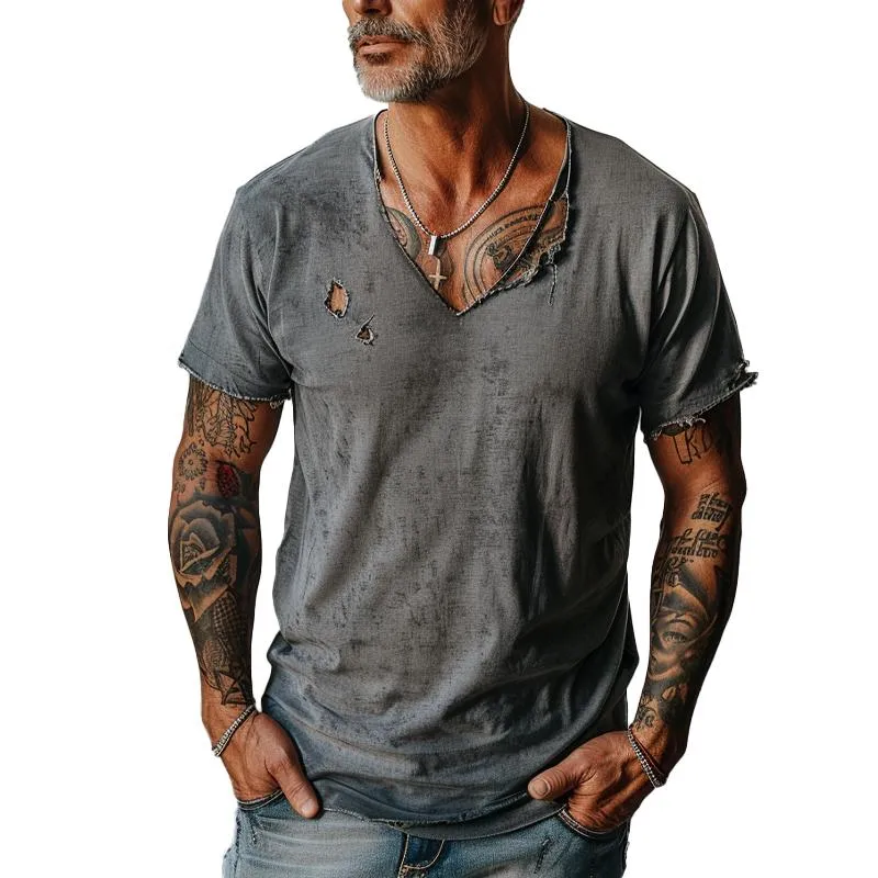 Men's Distressed Ripped Raw Edge V-Neck Short-Sleeved T-Shirt 83736876Y sold by Manly