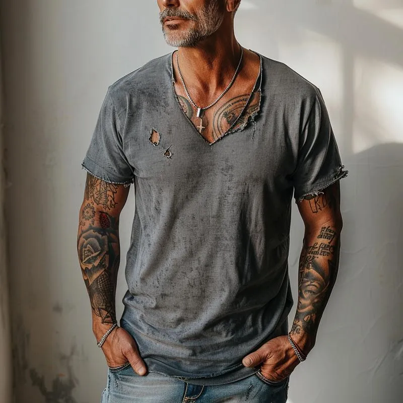 Men's Distressed Ripped Raw Edge V-Neck Short-Sleeved T-Shirt 83736876Y sold by Manly product image thumbnail 3