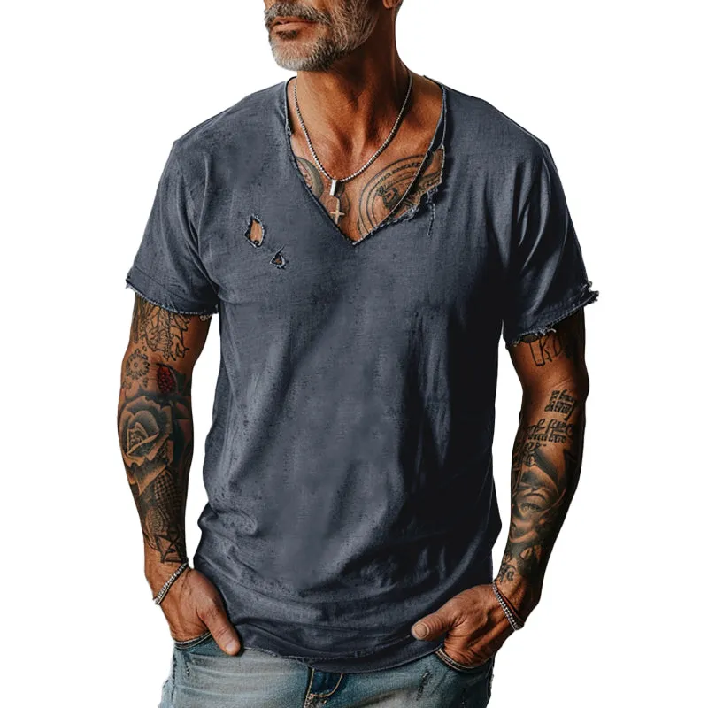 Men's Distressed Ripped Raw Edge V-Neck Short-Sleeved T-Shirt 83736876Y sold by Manly product image thumbnail 4