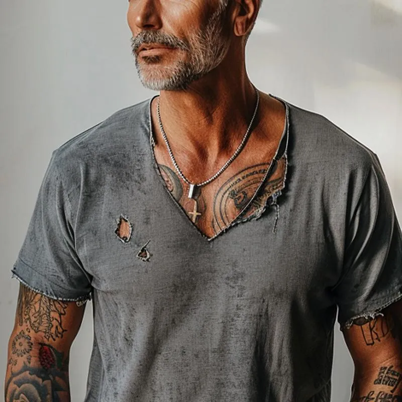 Men's Distressed Ripped Raw Edge V-Neck Short-Sleeved T-Shirt 83736876Y sold by Manly product image thumbnail 2