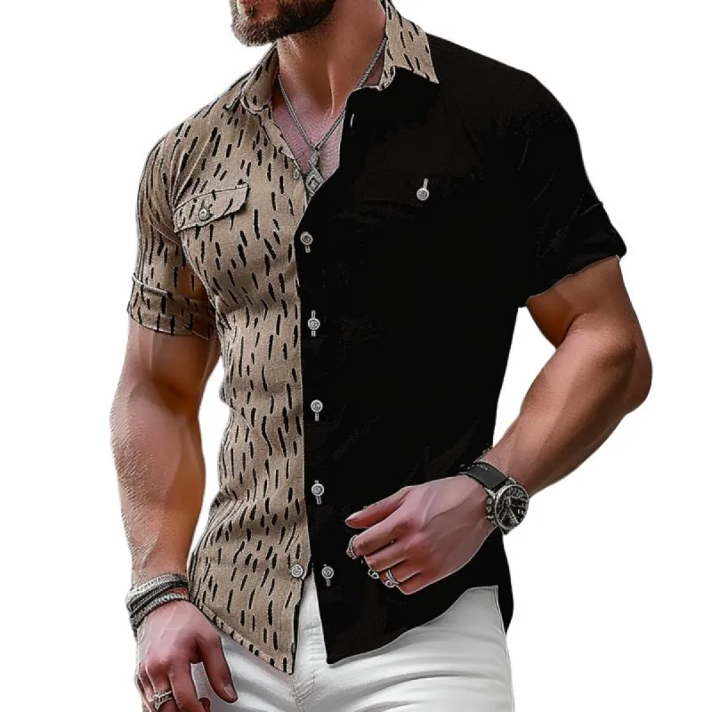 Men's Fashion Colorblock Printed Lapel Slim Fit Short Sleeve Shirt 44315385M sold by Manly
