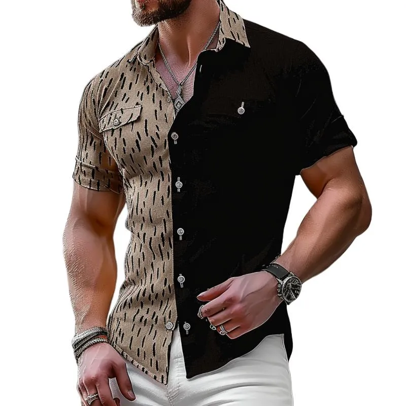 Men's Fashion Colorblock Printed Lapel Slim Fit Short Sleeve Shirt 44315385M sold by Manly