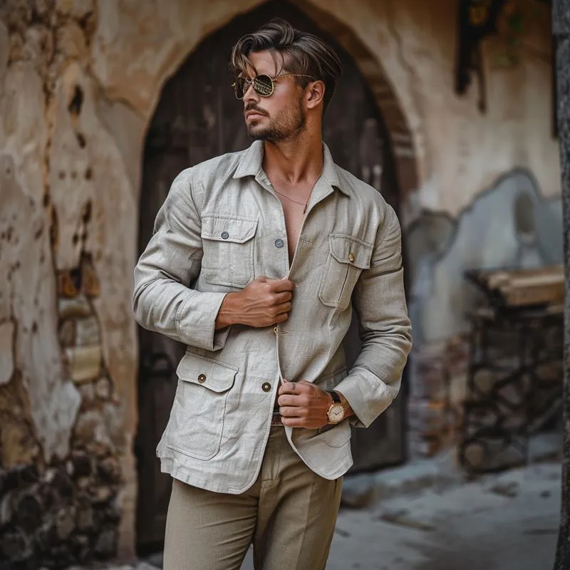 Men's Casual Thin Cotton Linen Lapel Multi-Pocket Single-Breasted Jacket 20910872M sold by Manly product image thumbnail 3