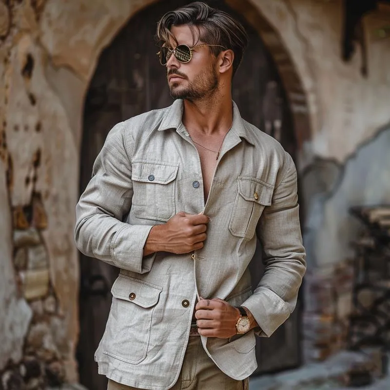 Men's Casual Thin Cotton Linen Lapel Multi-Pocket Single-Breasted Jacket 20910872M sold by Manly product image thumbnail 2
