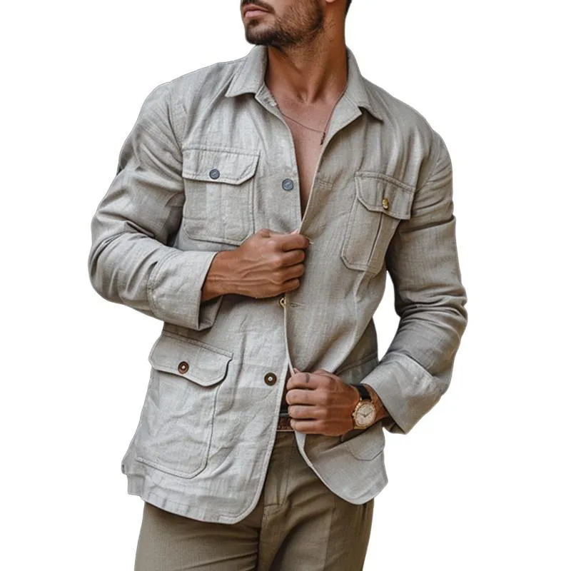 Men's Casual Thin Cotton Linen Lapel Multi-Pocket Single-Breasted Jacket 20910872M sold by Manly
