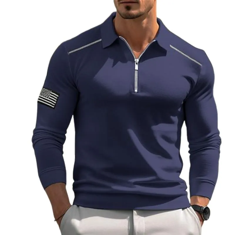 Men's American Flag Lapel Long Sleeve Polo Shirt 00428639Z sold by Manly