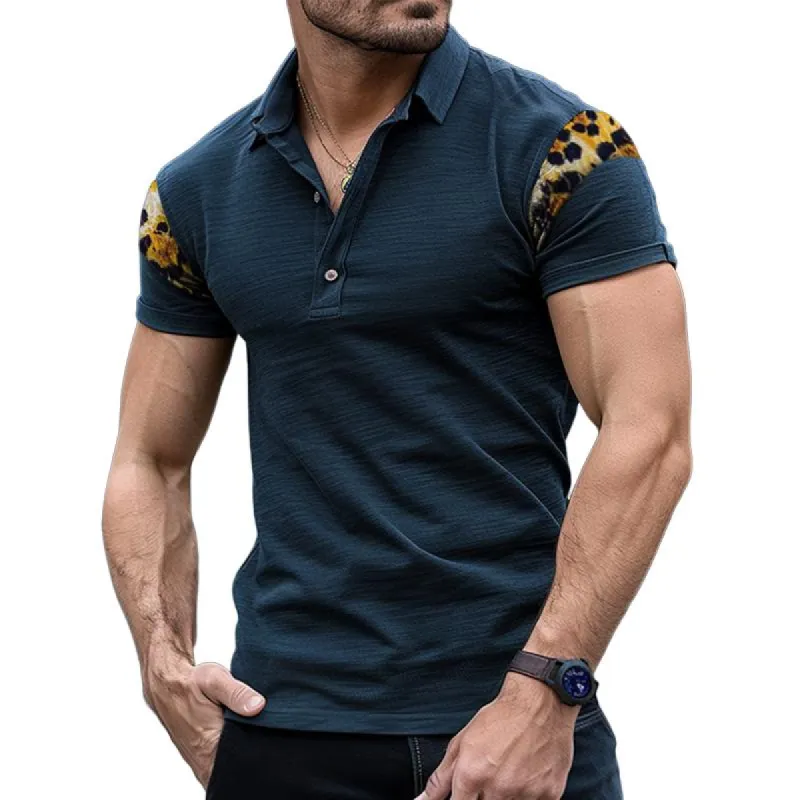 Men's Leopard Print Casual Colorblock Lapel T-Shirt 00540060TO sold by Manly