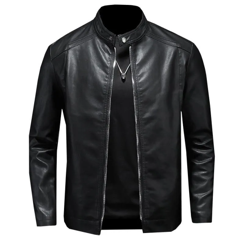 Men's Classic Stand Collar Leather Biker Jacket 17183059X sold by Manly
