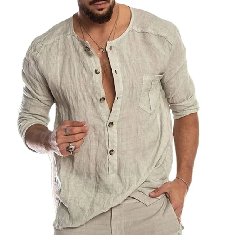 Men's Cotton and Linen Round Neck Pocket Long Sleeve T-Shirt 34593429X sold by Manly