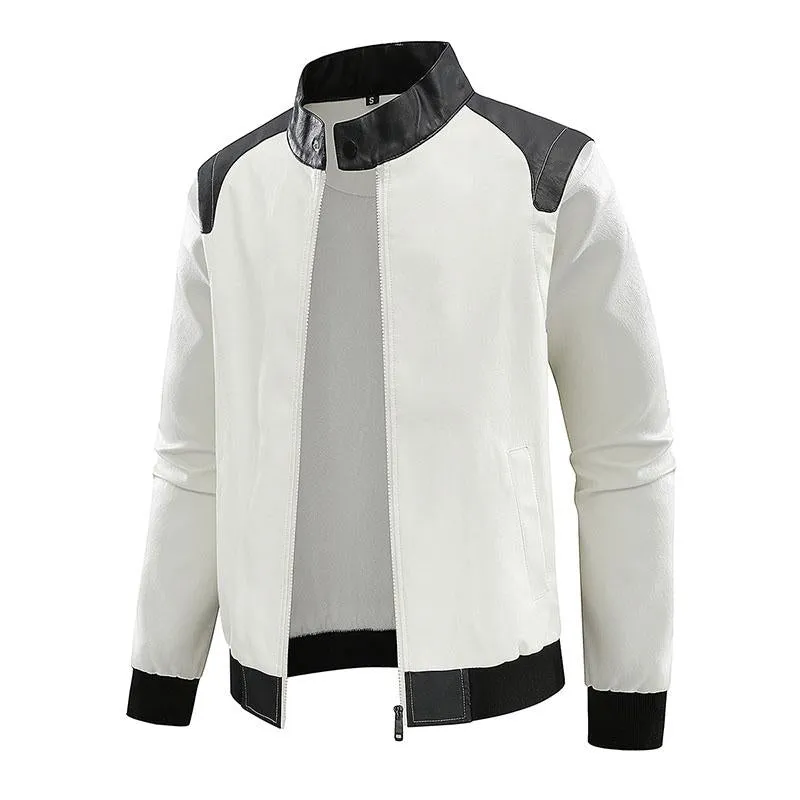 Men's Stylish Contrast Stand Collar Zipper Leather Jacket 79800222M sold by Manly product image thumbnail 5