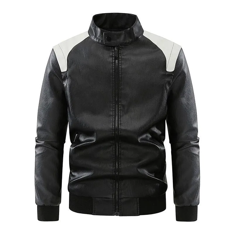 Men's Stylish Contrast Stand Collar Zipper Leather Jacket 79800222M sold by Manly product image thumbnail 3