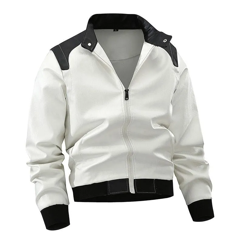 Men's Stylish Contrast Stand Collar Zipper Leather Jacket 79800222M sold by Manly product image thumbnail 2