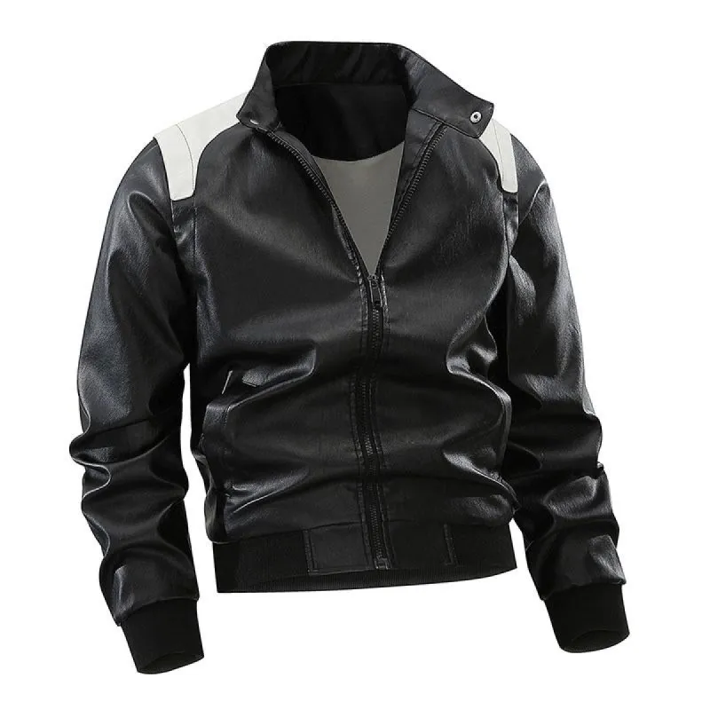 Men's Stylish Contrast Stand Collar Zipper Leather Jacket 79800222M sold by Manly