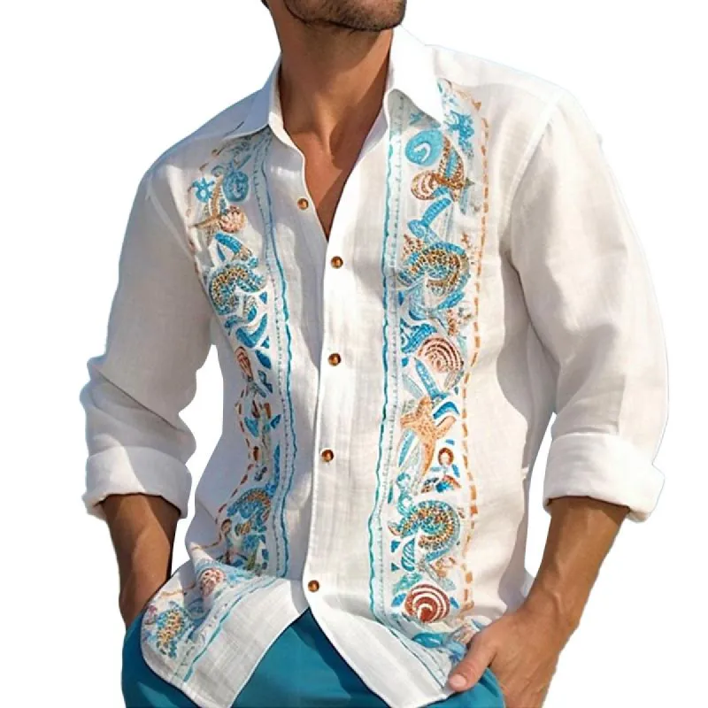 Men's Loose Blue Printed Lapel Long Sleeve Shirt 63809723Y made by Manly