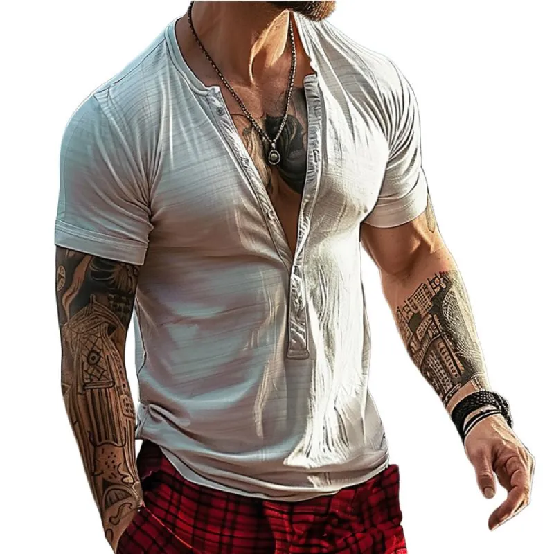 Men's Casual Retro Solid Color Short-sleeved T-shirt 04328259TO sold by Manly