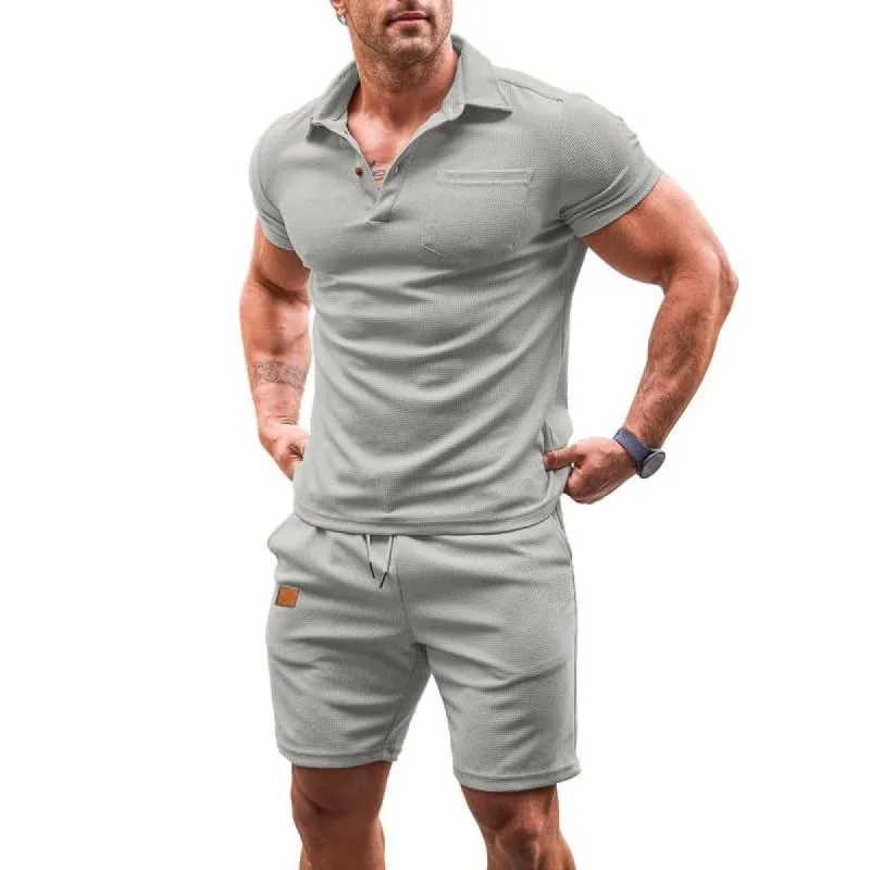 Men's Solid Waffle Lapel Short Sleeve Polo Shirt Shorts Casual Set 35907021Z sold by Manly